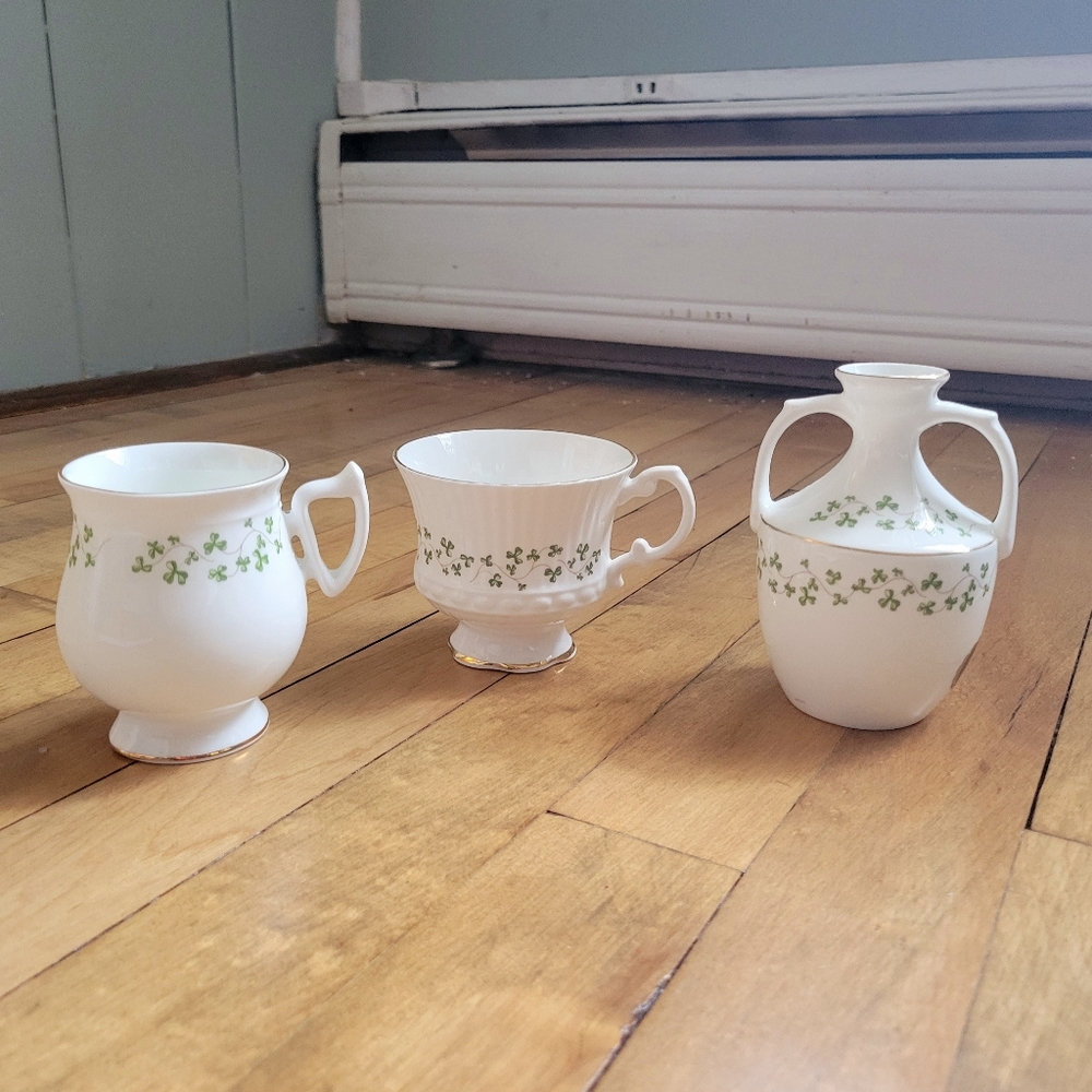 Vintage Royal Tara Ireland Shamrock Creamer 3-Piece Set. Made in Galway